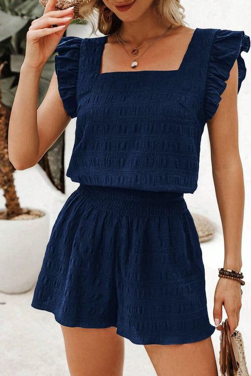 Textured Square Neck Ruffle Sleeve Shirred Waist Shorts Set